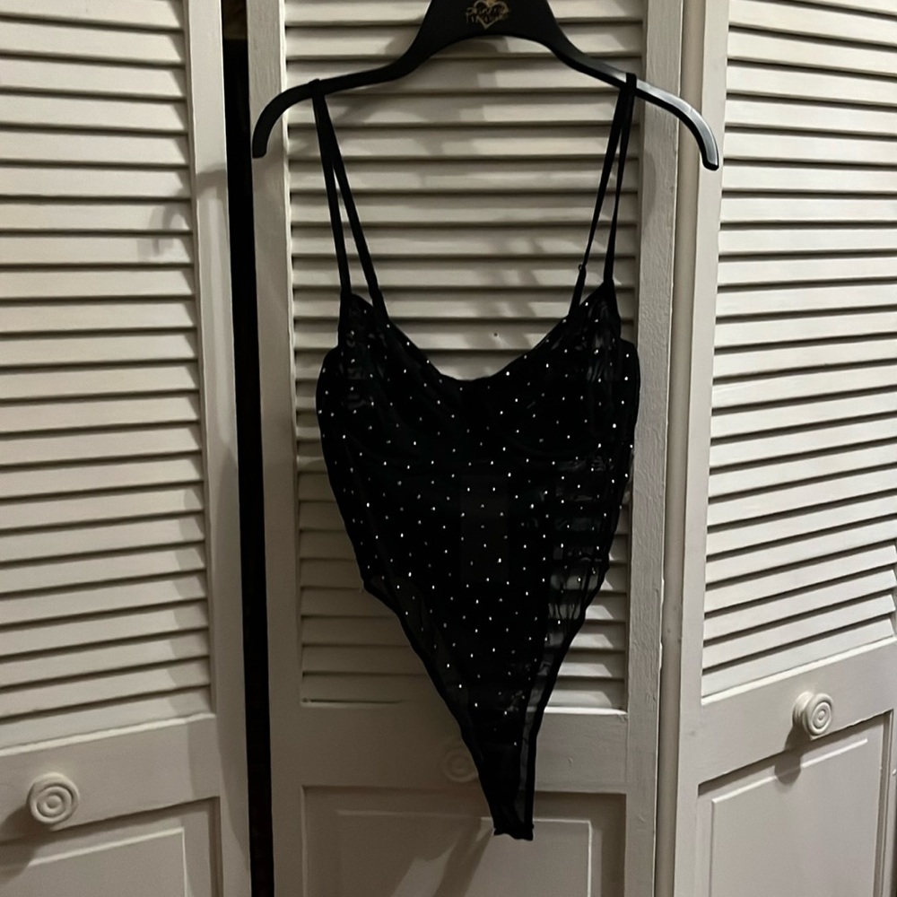 NWT Hot and Delicious Sheer Bling Crystal Rhinestone Bodysuit Shirt Size L